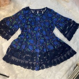 Denim 24/7 Blue Lace Floral Boho Blouse Size 12 w